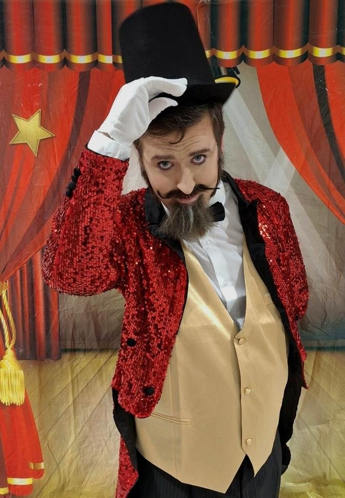 Moulin Rouge ringmaster character with handmade beard and moustache